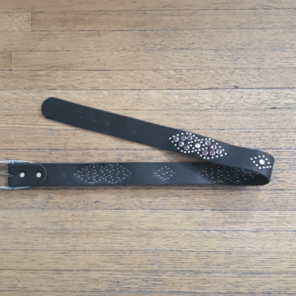 VINTAGE 80’s BLACK LEATHER & CRYSTAL BELT - Picture 8 of 8